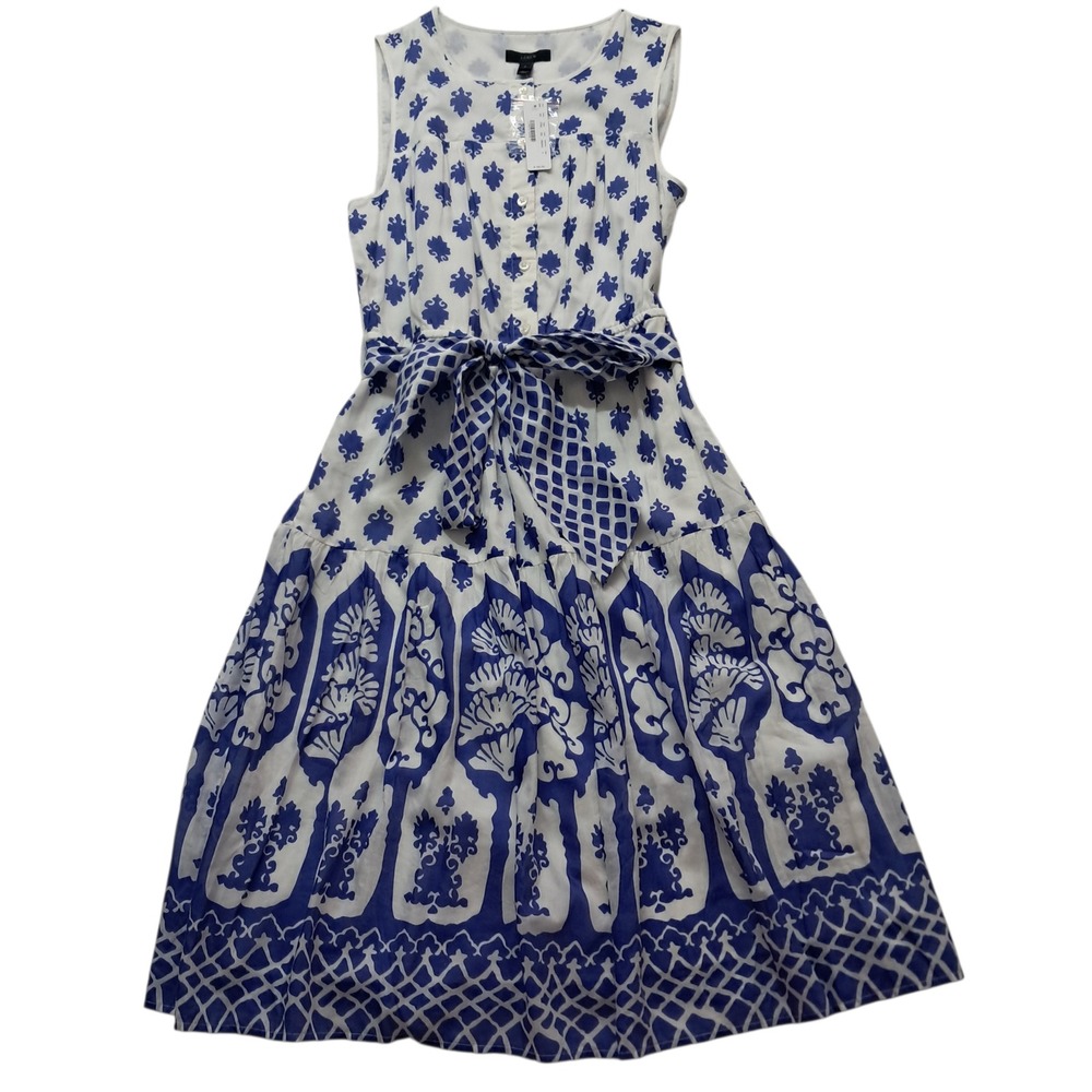 J. Crew Factory White and Blue Printed Midi Dress